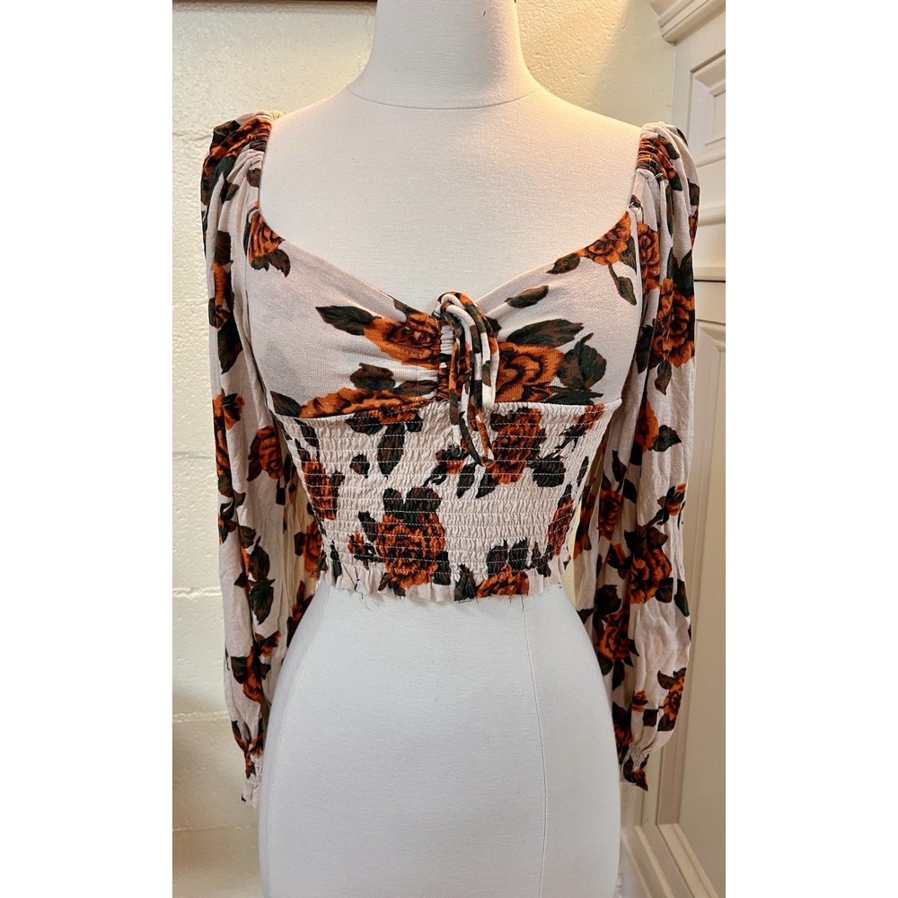 Urban Outfitters Floral Rose Pro T Smocked Crop Top Size XS Long Sleeve